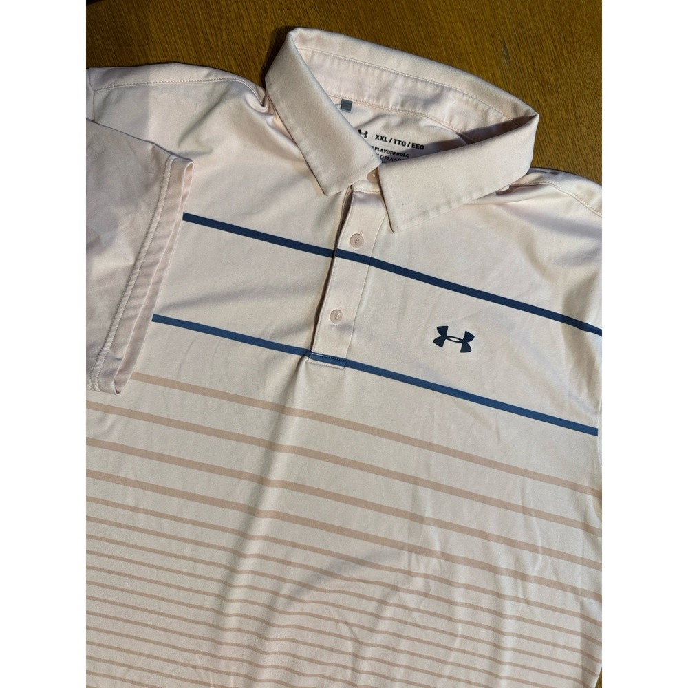 Under Armour HeatGear Golf Polo Shirt Mens XXL Pink Striped Stretch Playoff
